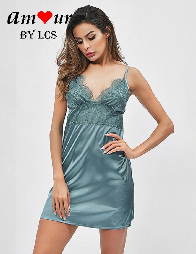 [soft satin teal night dress] - AMOUR Lingerie