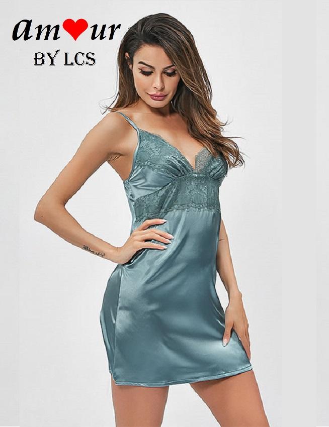 [teal smooth satin night dress] - AMOUR Lingerie