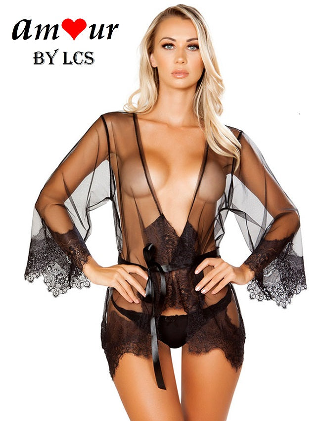 [sexy transparent black lace robe] - AMOUR Lingerie
