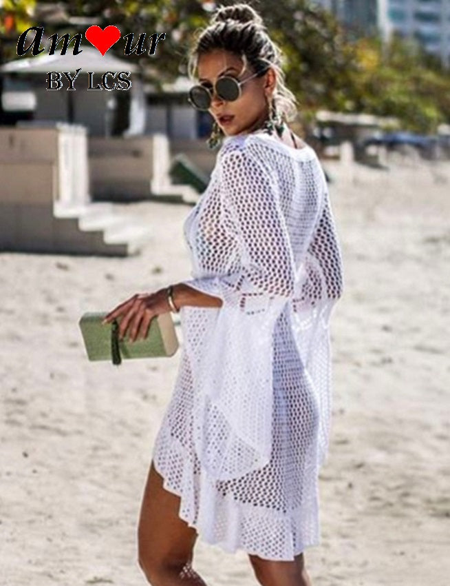 Eye Catching White Crochet Sexy Tulle Dress