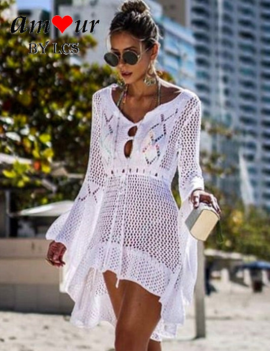 Eye Catching White Crochet Sexy Tulle Dress
