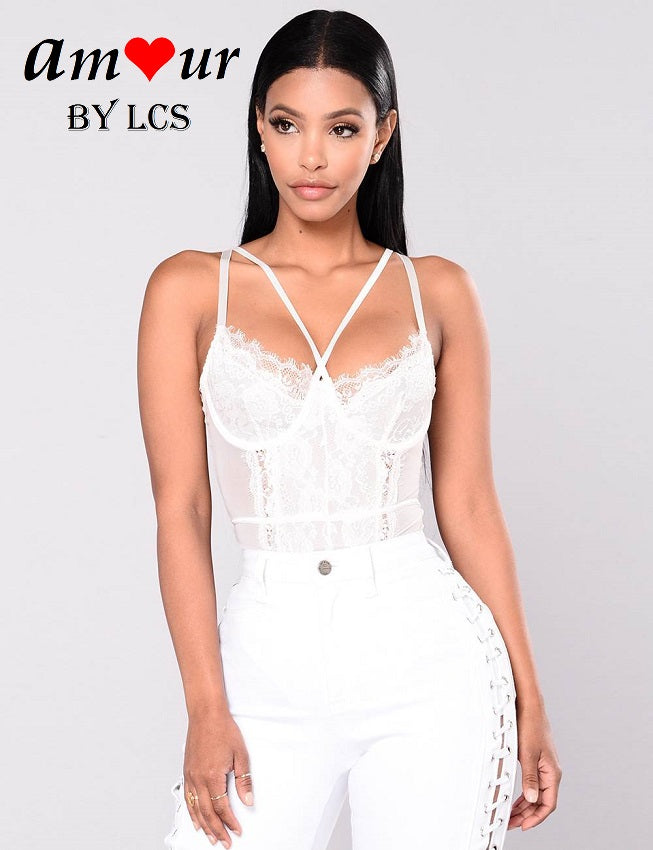 cross straps white lace bodysuit