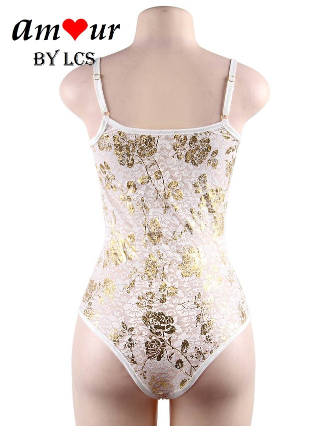 Resplendent Gold Foil Flower Print Sexy Lace Teddy