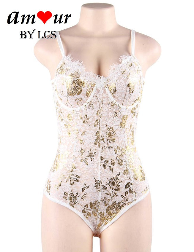 Resplendent Gold Foil Flower Print Sexy Lace Teddy