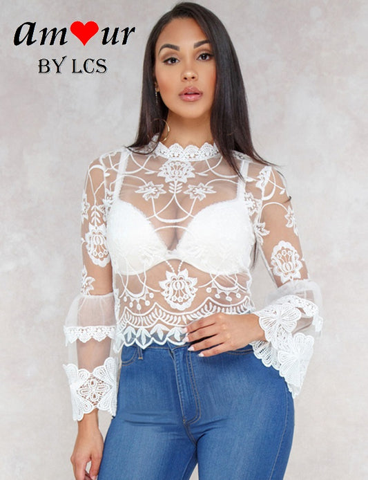 Seductive Sheer Raschel Lace Long Sleeve Crop Top