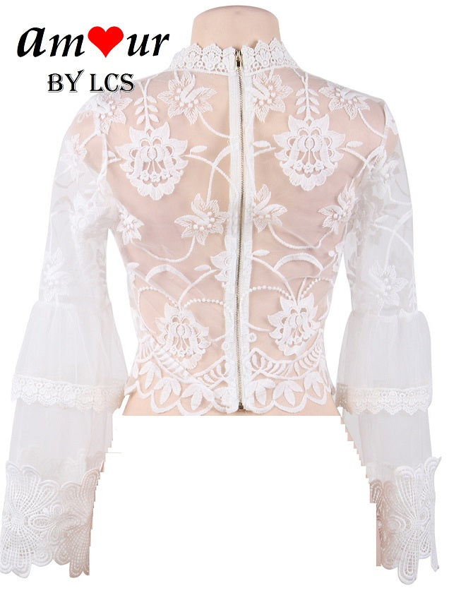 Seductive Sheer Raschel Lace Long Sleeve Crop Top