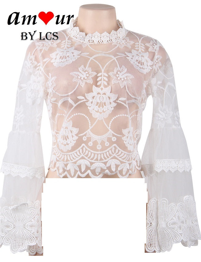 Seductive Sheer Raschel Lace Long Sleeve Crop Top