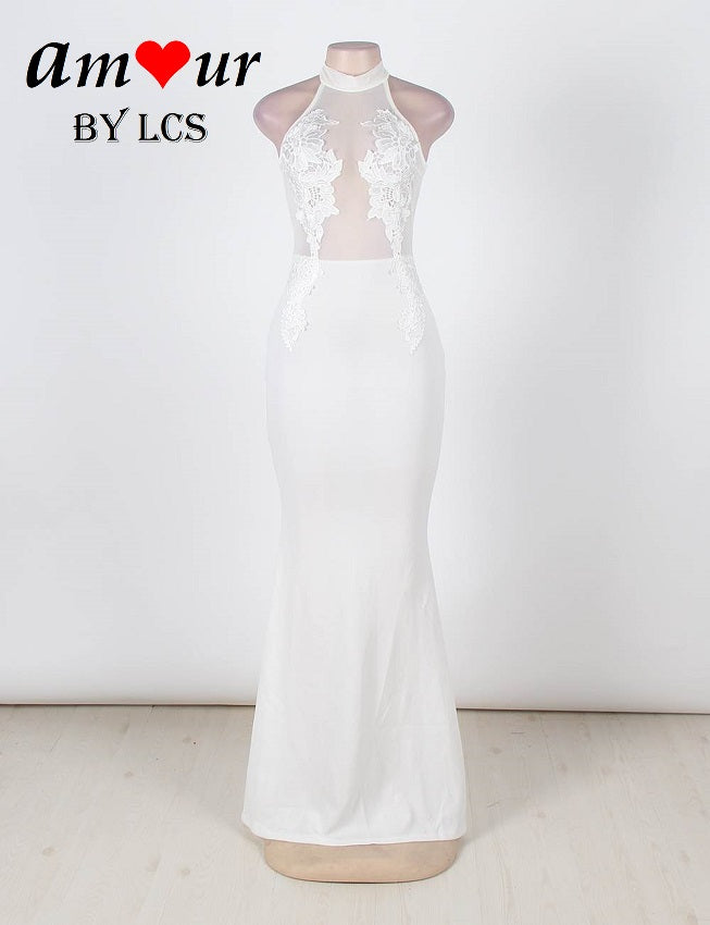 Stunning Sheer Plunging Neckline White Lace Evening Gown