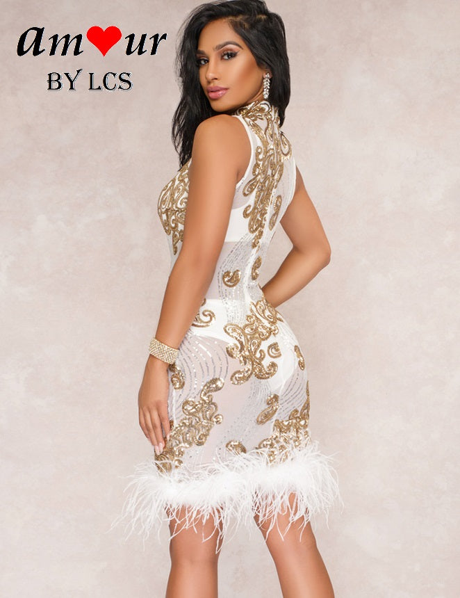 Shimmering Sequin Sheer Furry Clubbing Dress