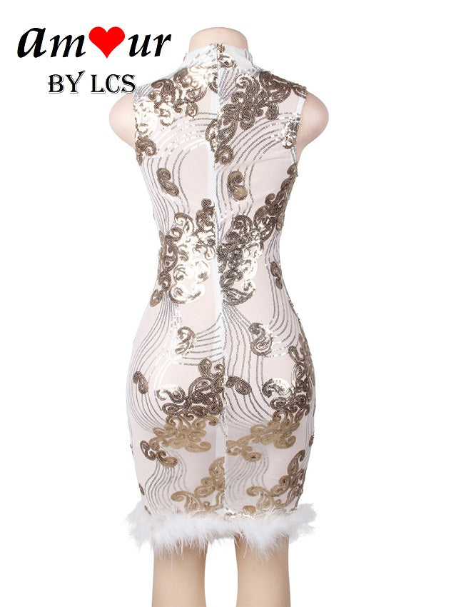Shimmering Sequin Sheer Furry Clubbing Dress