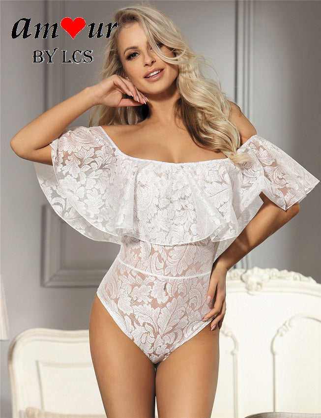 [white off shoulder ruffles teddy] - AMOUR Lingerie