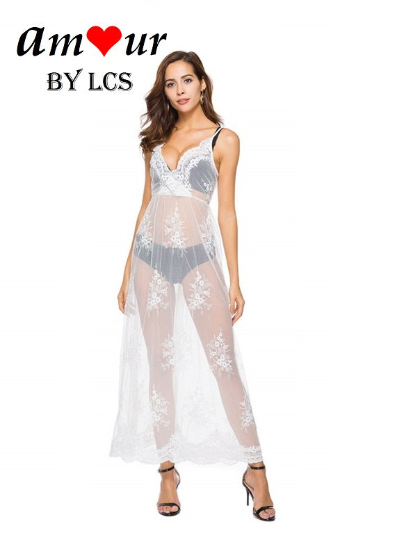 [sexy sheer lace maxi dress] - AMOUR Lingerie