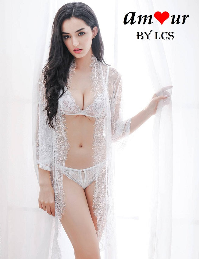 [sheer white lace robe lingerie] - AMOUR Lingerie