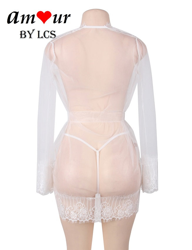 Seductive Translucent Lace Robe Lingerie