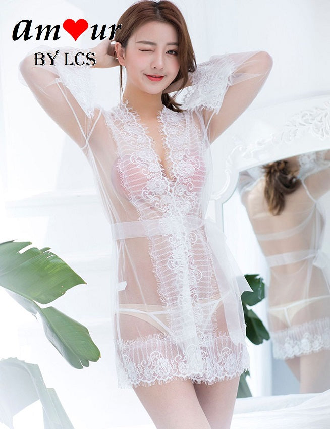 [see through white lace robe] - AMOUR Lingerie