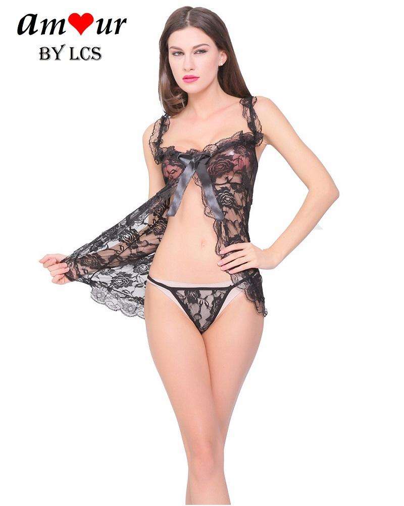 [black lace open front babydoll] - AMOUR Lingerie