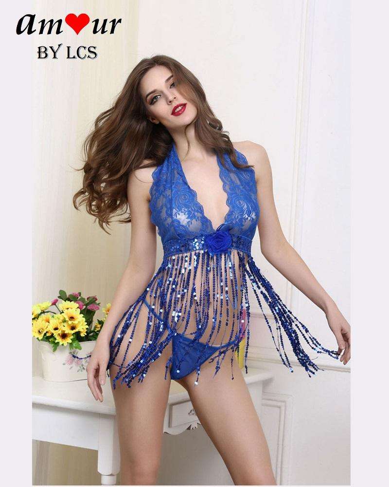 [blue halter sequin babydoll] - AMOUR Lingerie