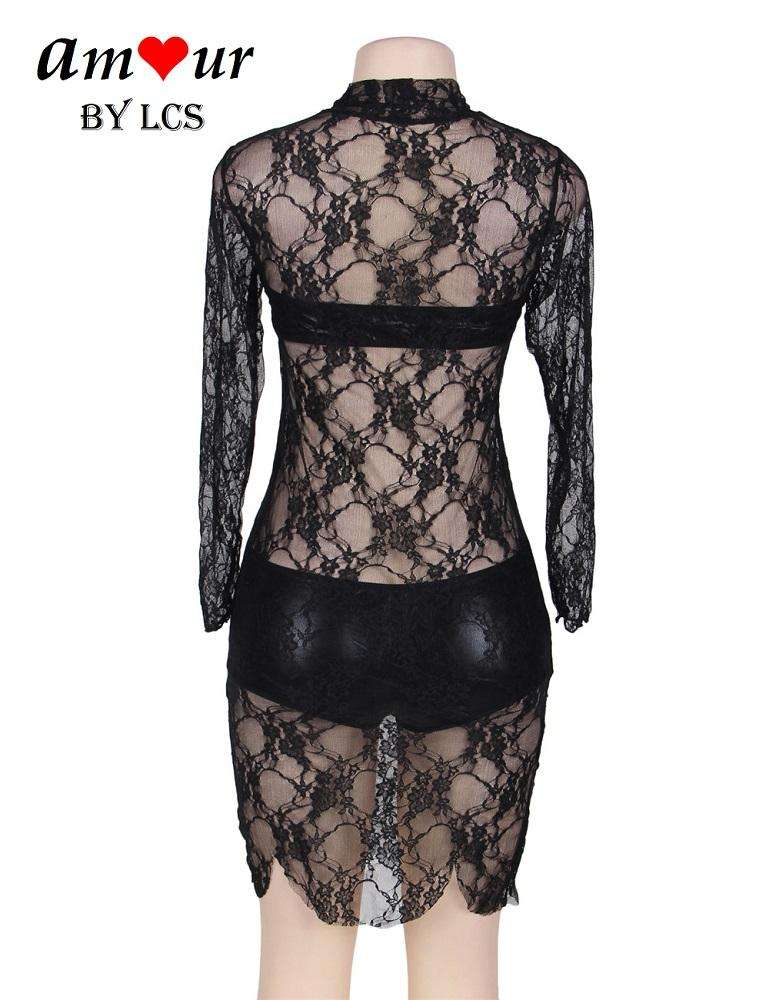 Transparent Black Lace Turtleneck Sexy Sheer Lace Dress