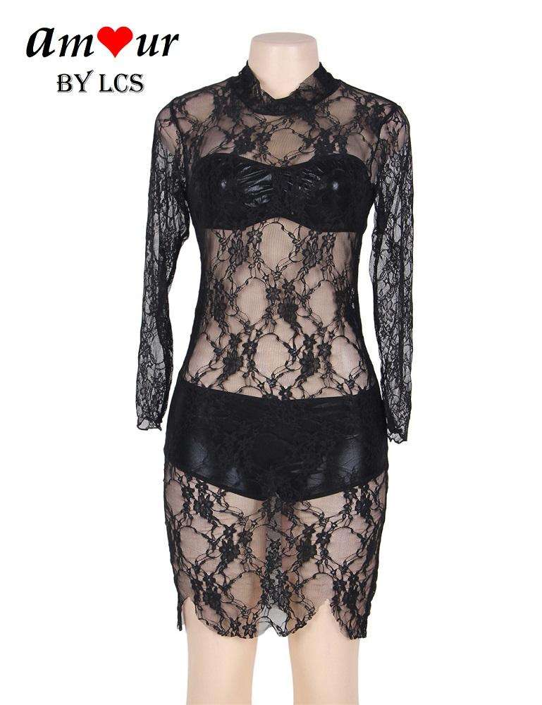 Transparent Black Lace Turtleneck Sexy Sheer Lace Dress