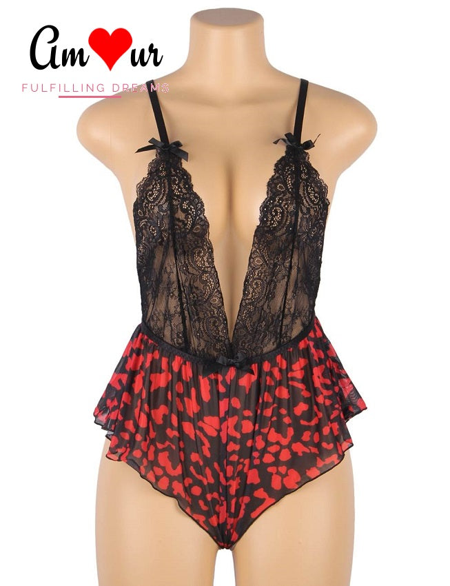 Tantalising Plunging Neck Criss-Cross Back Sweet Lace Teddy