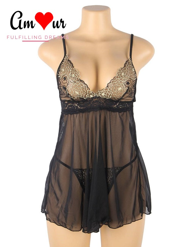 Black lace gold embroidery chemise actual product on mannikin