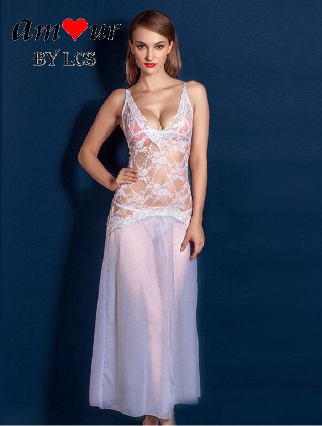 White Spag Strap Sheer Lace Steamy Dress Gown