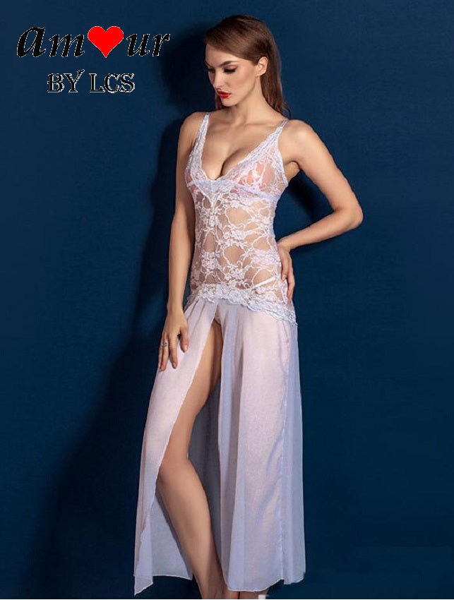 White Spag Strap Sheer Lace Steamy Dress Gown