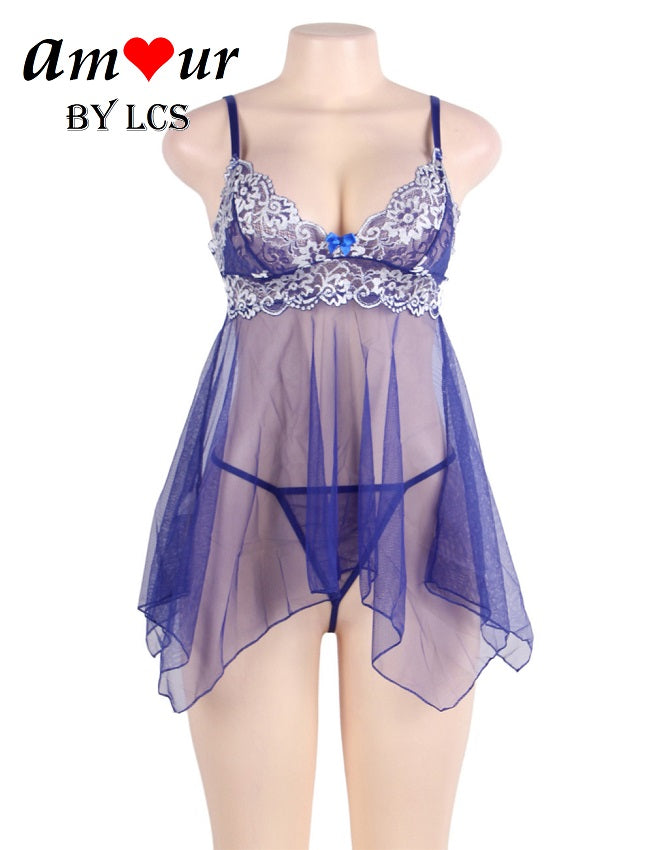 Sultry Egyptian Blue  Embroidered Sheer Lace Babydoll